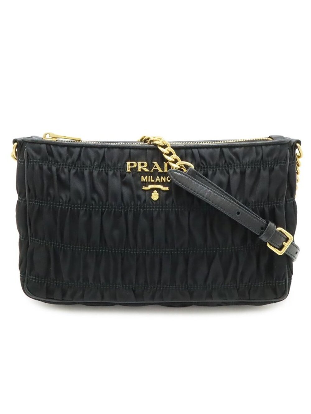 Prada Gathered Shoulder Bag Pochette Chain Crossbody Nylon Leather Nero Black
